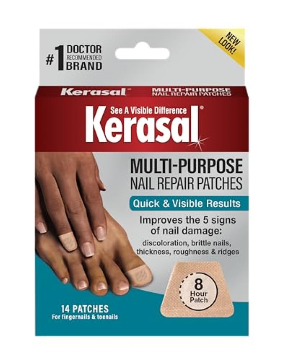 Patchs réparateurs Kerasal dans leur emballage, prêt à l’emploi pour ongles abîmés