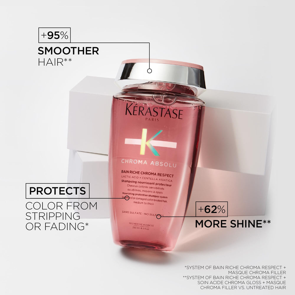 Kerastase Bain Riche Chroma Respect - cheveux mouillés pendant le lavage, brillance attendue.
