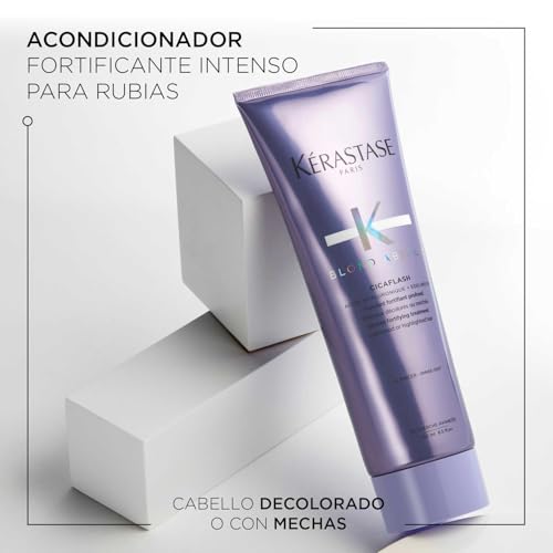 Application du Cicaflash sur les longueurs pour cheveux blonds soyeux.