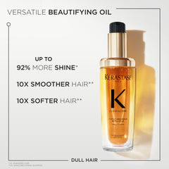 Cheveux brillants et doux après une application légère d'Elixir Ultime.