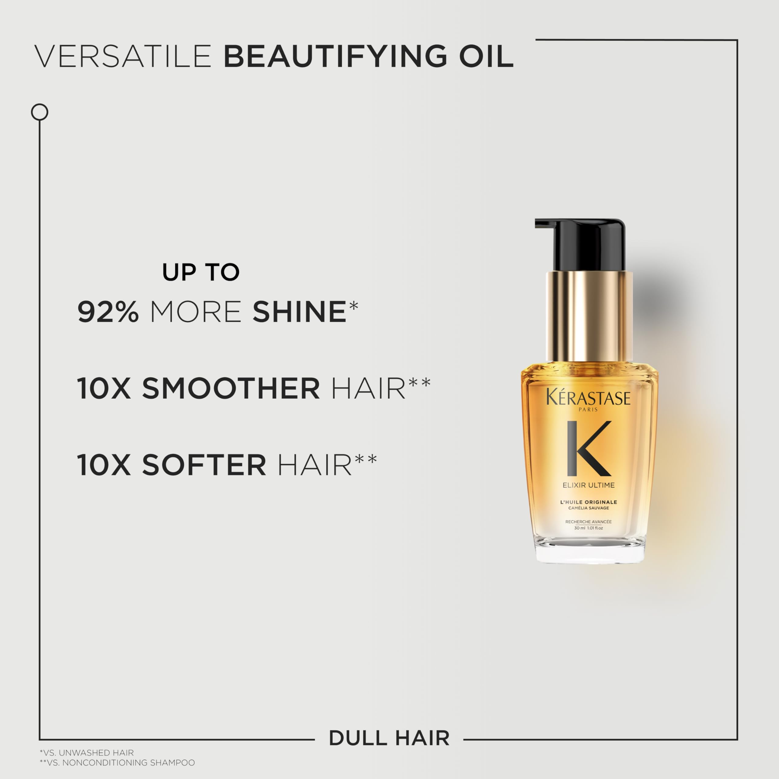 Kerastase Elixir Ultime contrôle du frizz pour cheveux lisses et nets.
