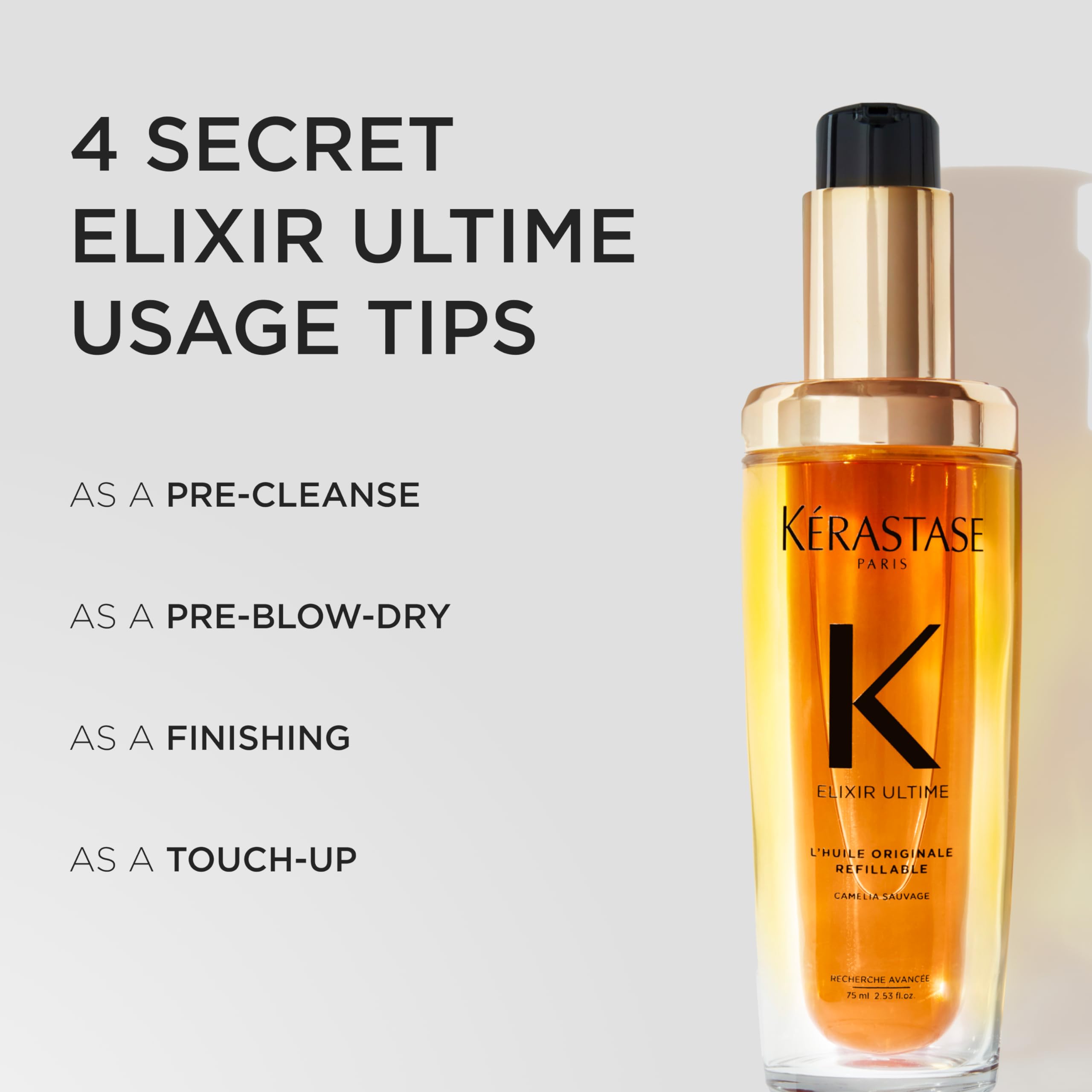 Contrôle des frisottis jusqu'à 96 heures avec Kerastase Elixir Ultime.