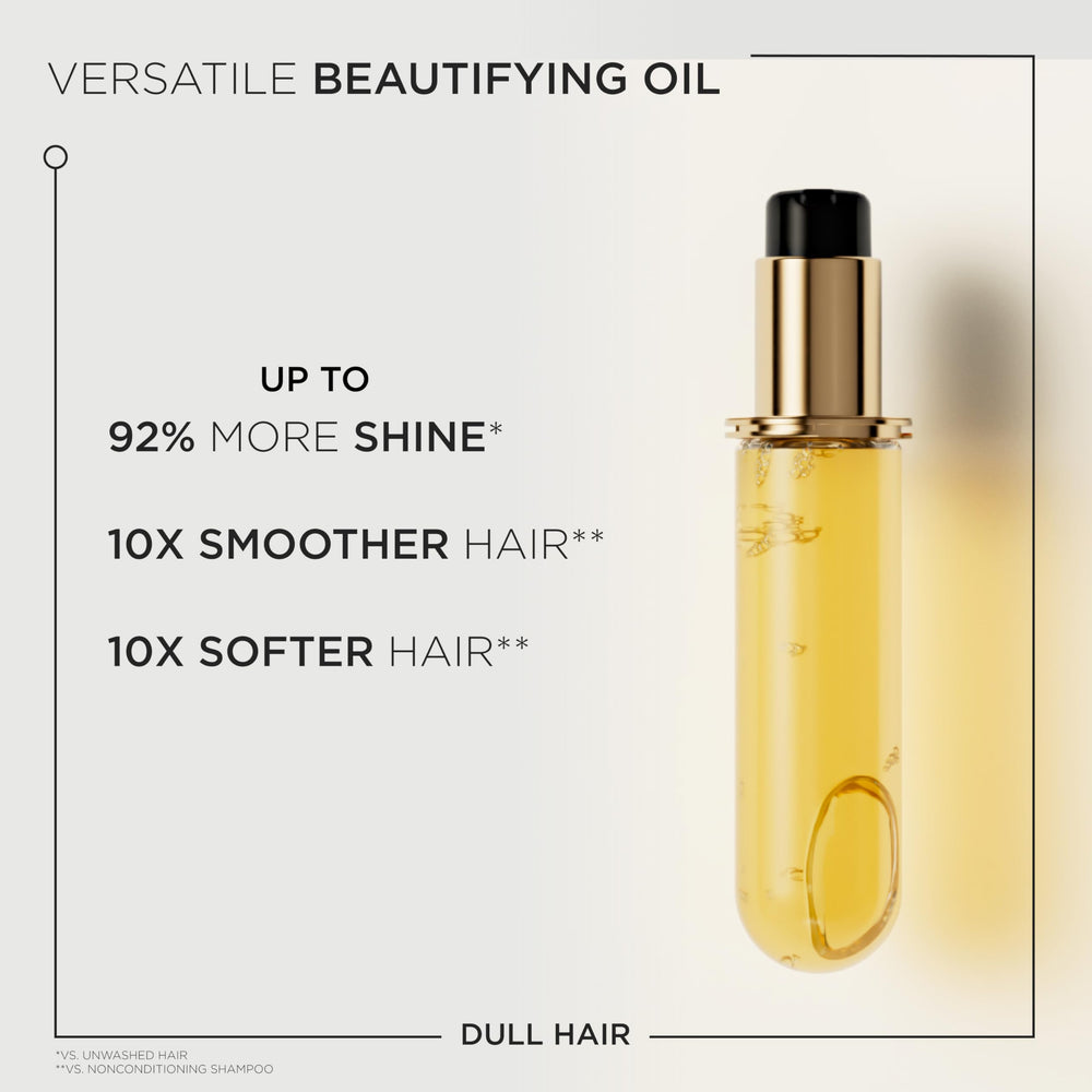 Camélia sauvage et huile lumineuse Kerastase Elixir Ultime pour les cheveux.