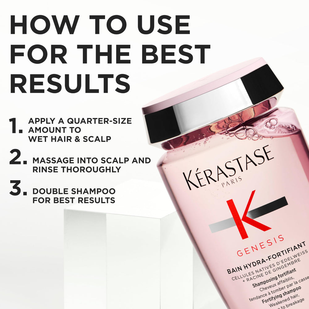 Kérastase Genesis Hydra-Fortifiant — ingrédients Edelweiss et Gingembre pour renforcer les fibres.