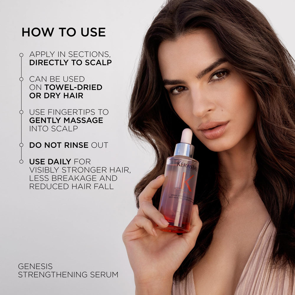Kérastase Genesis : application matin ou soir sur cuir chevelu, nourrissant et léger.
