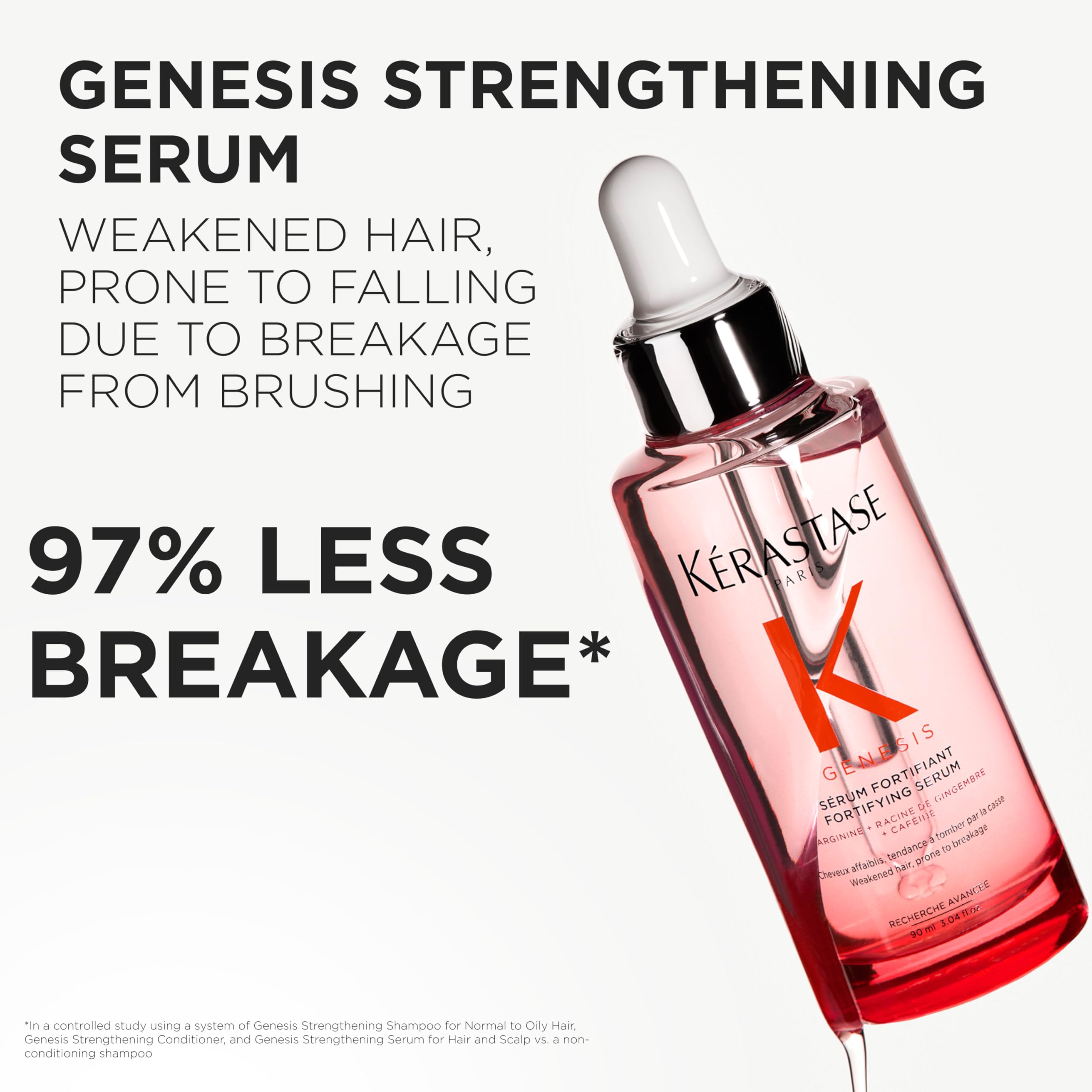 Bouteille Genesis et ingrédients gingembre et caféine pour cheveux plus forts.