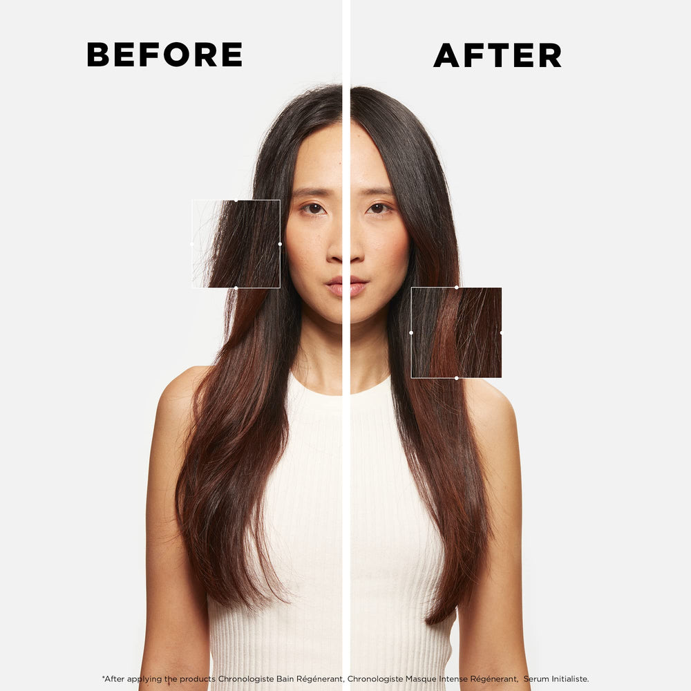 Cheveux brillants après soin KÉRASTASE Initialiste, douceur homogène.