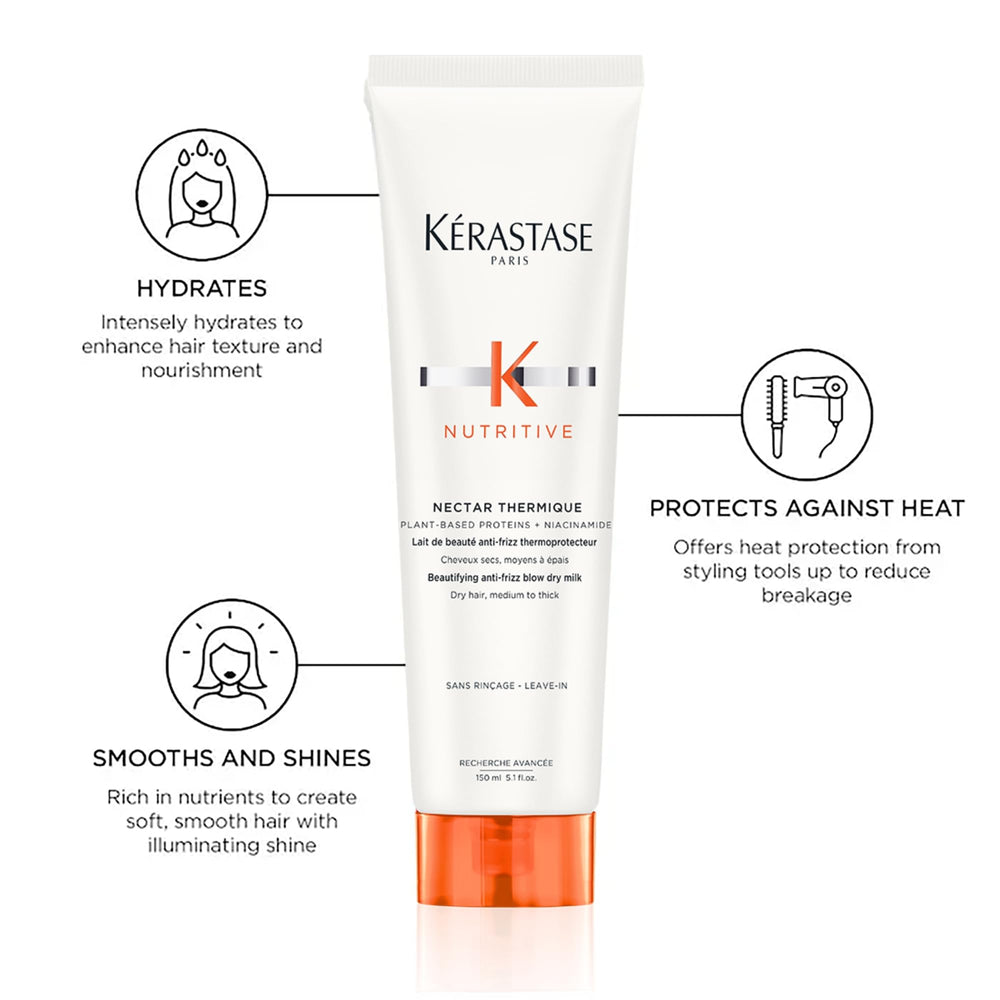 KÉRASTASE Nectar Thermique, brillance et douceur visibles après séchage.