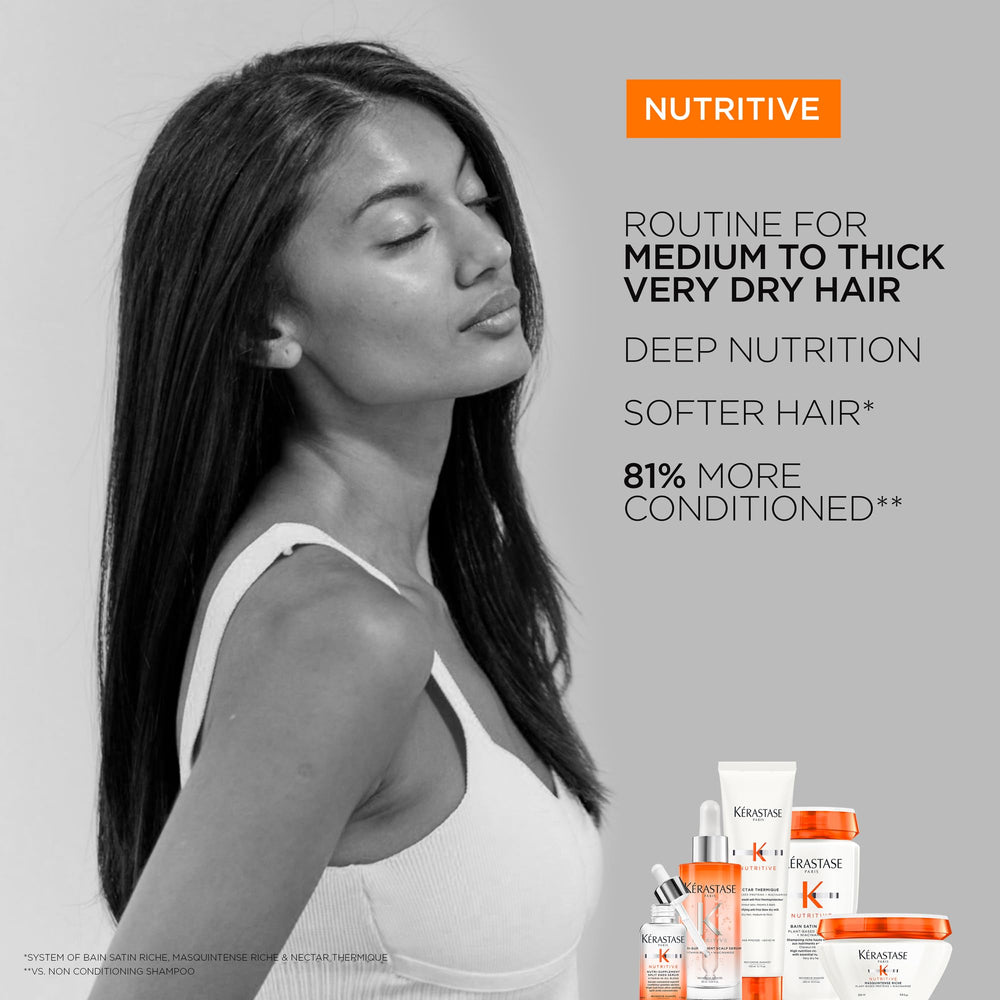 KÉRASTASE Nutritive Bain Satin Riche, protéines végétales nourrissant les fibres.