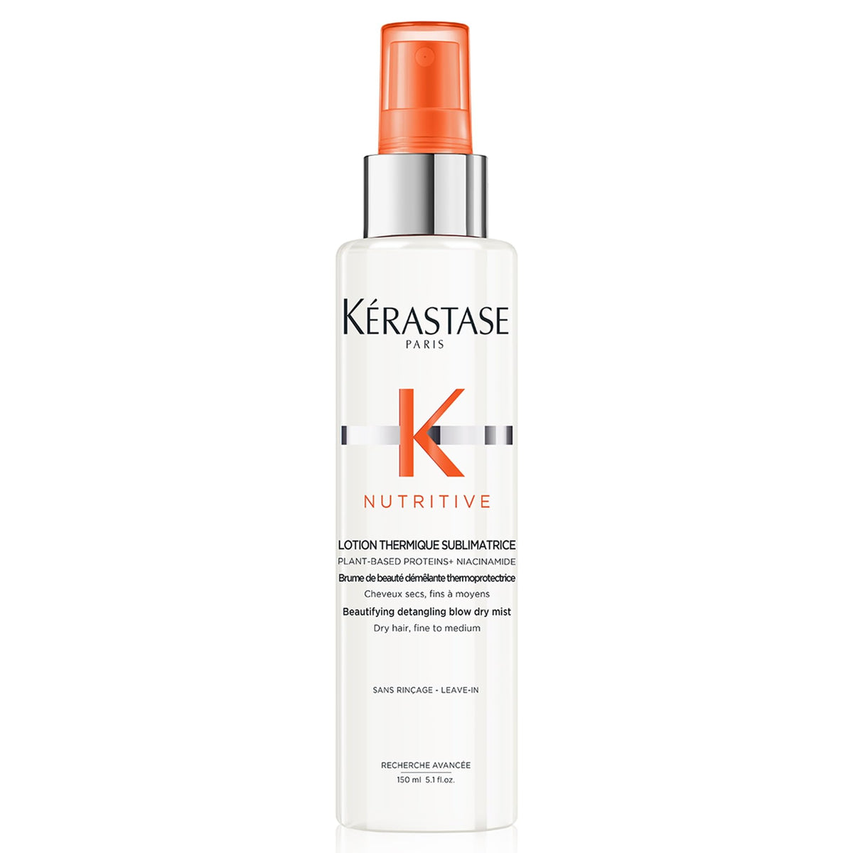 Kerastase Nutritive brume thermique sur la bouteille, protection durable contre la chaleur.