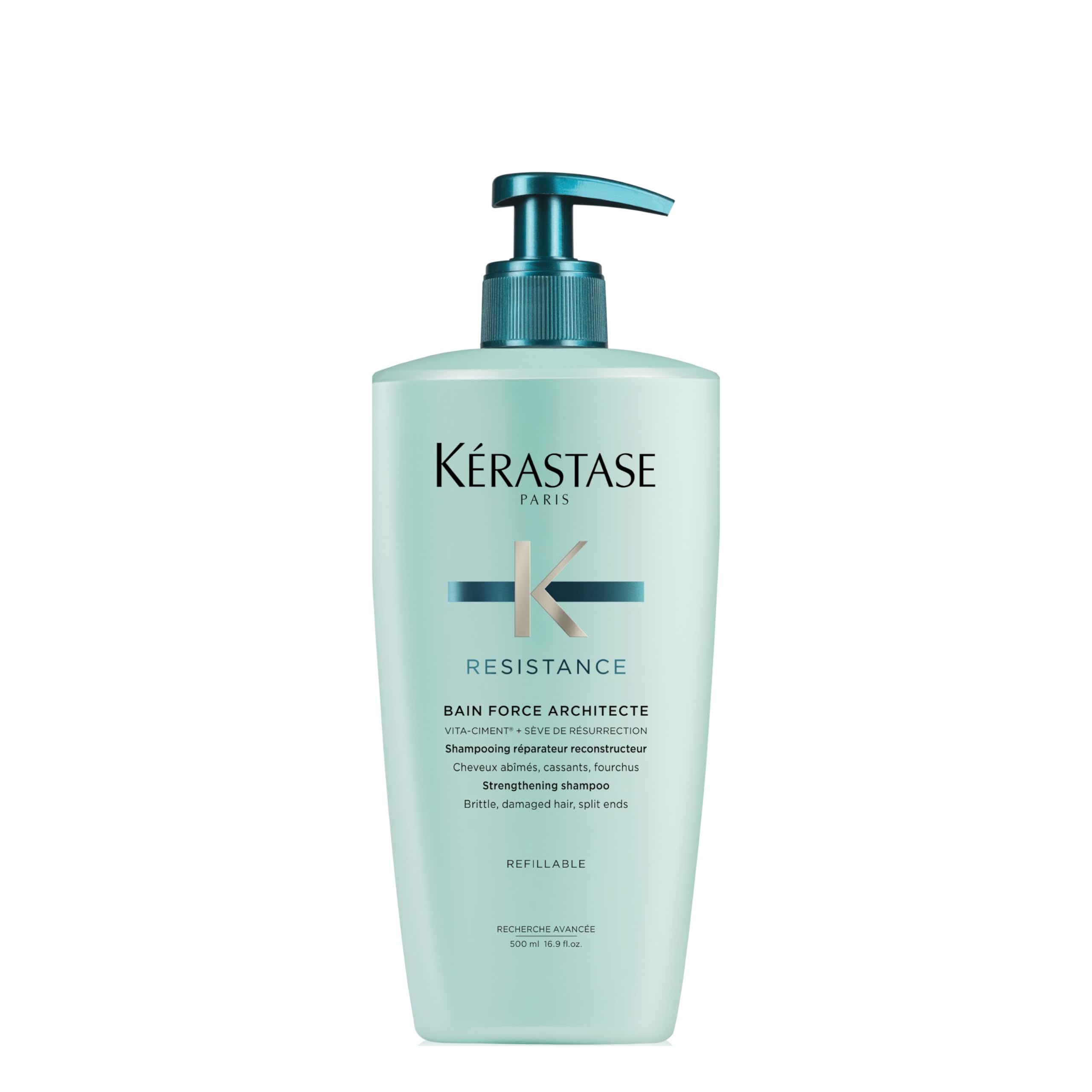 Kérastase Résistance Bain Force Architecte, bouteille élégante aidant à nourrir les fibres capillaires et lisser les cheveux.