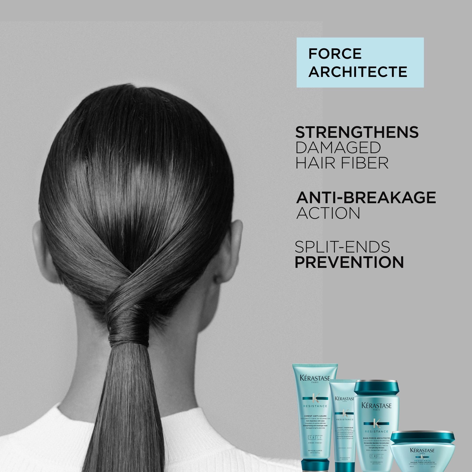 Kérastase Résistance Bain Force Architecte, pose rapide, cheveux plus doux et protégés.
