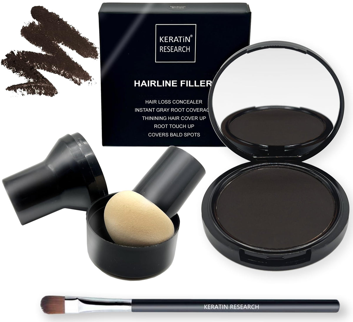 KERATIN RESEARCH Poudre Correctrice de Racines — grand miroir et applicateur champignon pour une application précise.