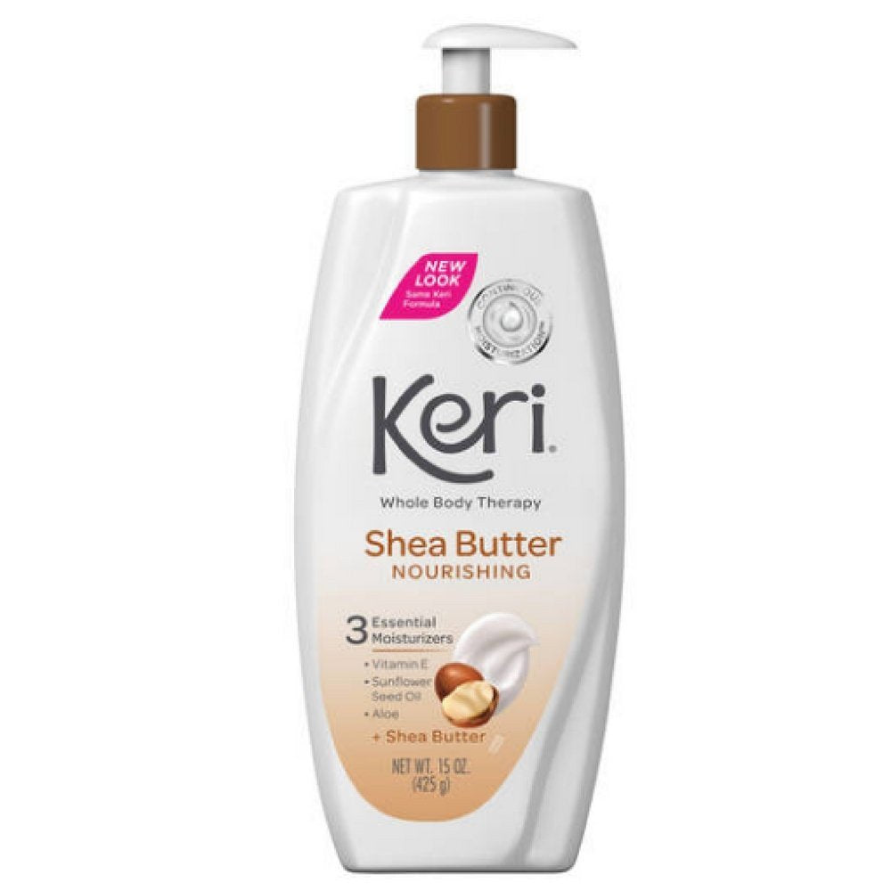 Lotion Keri pour le corps à texture crèmeuse et beurre de karité, hydratation durable et soin nourrissant du karité.