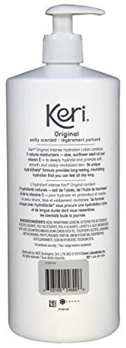 Keri Original lotion bottle back label highlights soothing fragrance and safety notes.