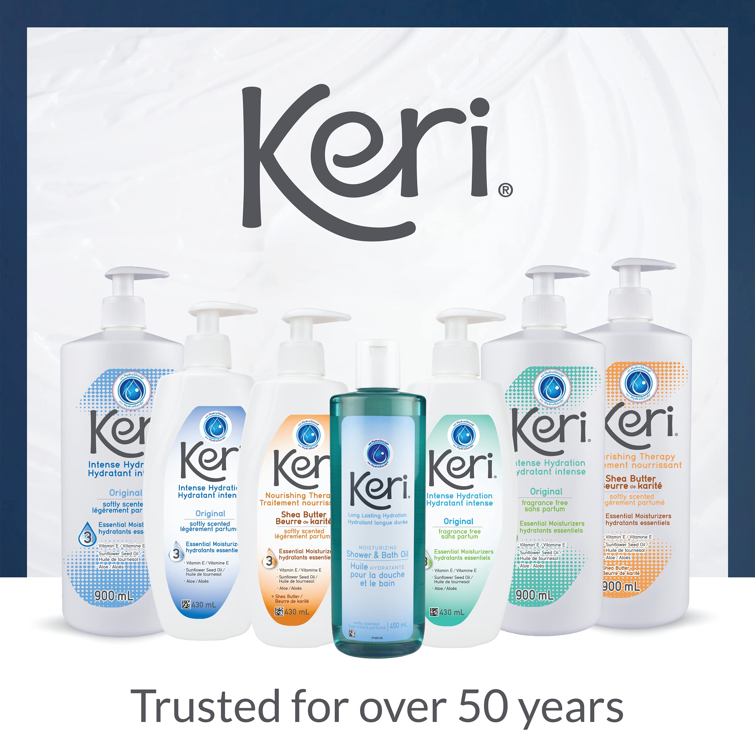 Keri Original lotion packaging display communicates value for family use.