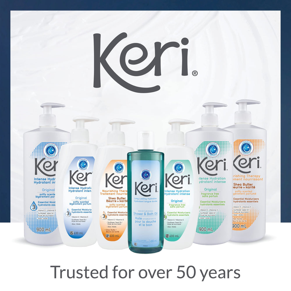 Keri Original lotion packaging display communicates value for family use.
