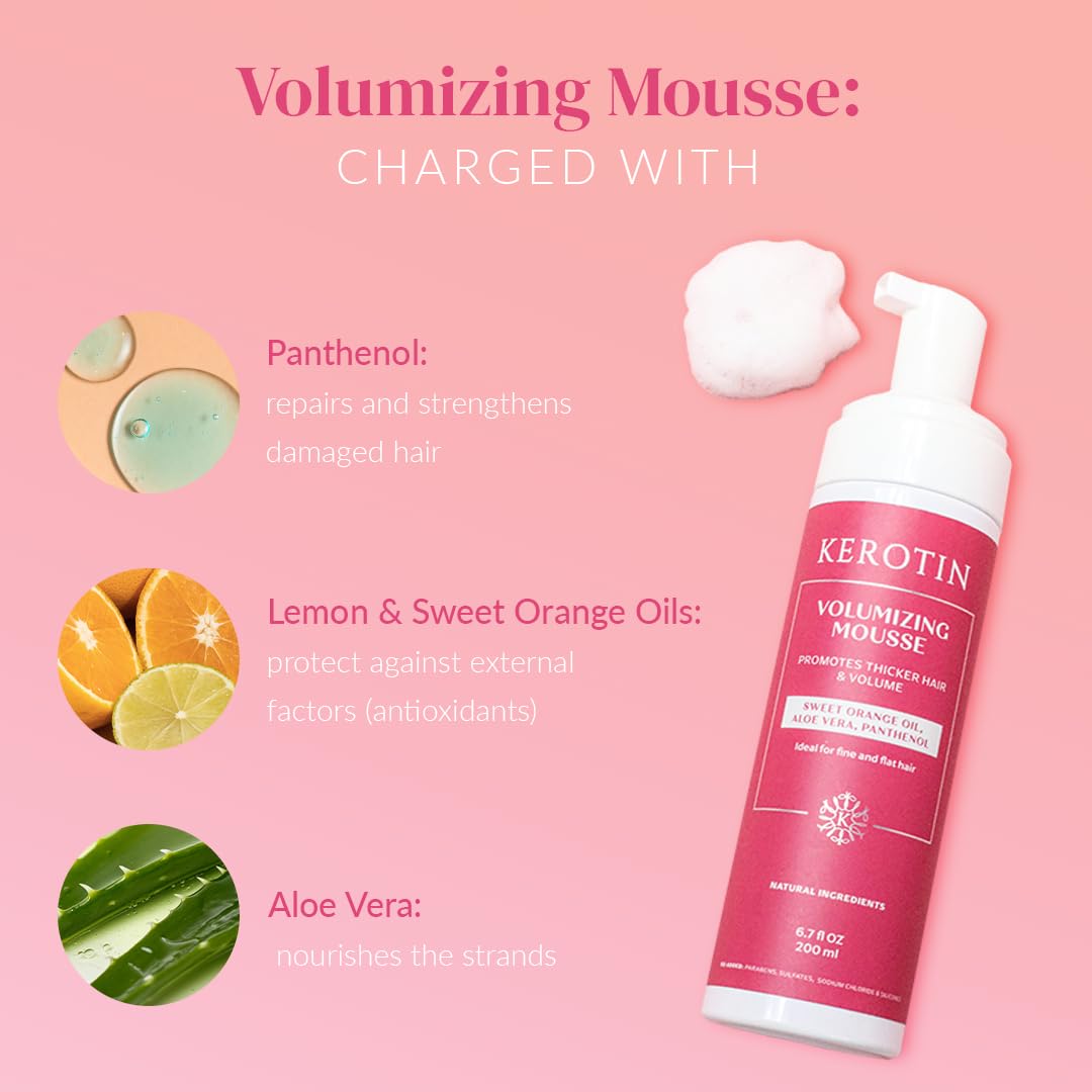 Application de Kerotin Mousse Volume entre les doigts pour démarrer le coiffage.