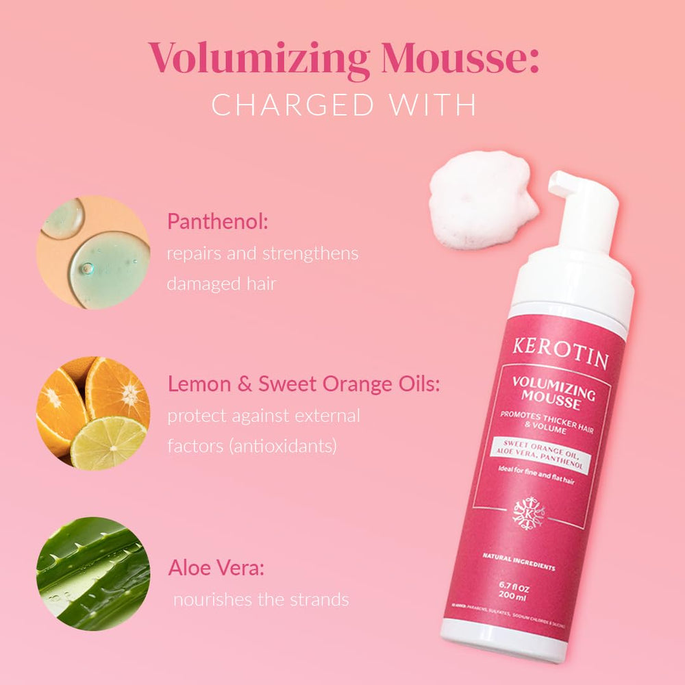 Application de Kerotin Mousse Volume entre les doigts pour démarrer le coiffage.