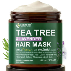 KESMEDIK masque-cheveux tea-tree-lavande-menthe: hydrate profondément et apaise les cheveux secs et fragiles.