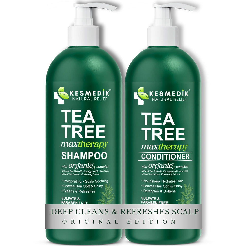 KESMEDIK Shampoing à l'huile d'arbre à thé sur la bouteille: apaisement rapide du cuir chevelu.