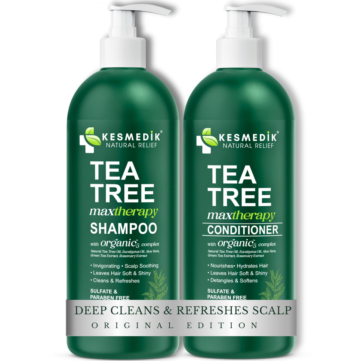 KESMEDIK Shampoing à l'huile d'arbre à thé sur la bouteille: apaisement rapide du cuir chevelu.