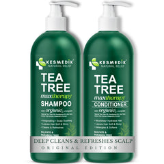 KESMEDIK Shampoing à l'huile d'arbre à thé sur la bouteille: apaisement rapide du cuir chevelu.