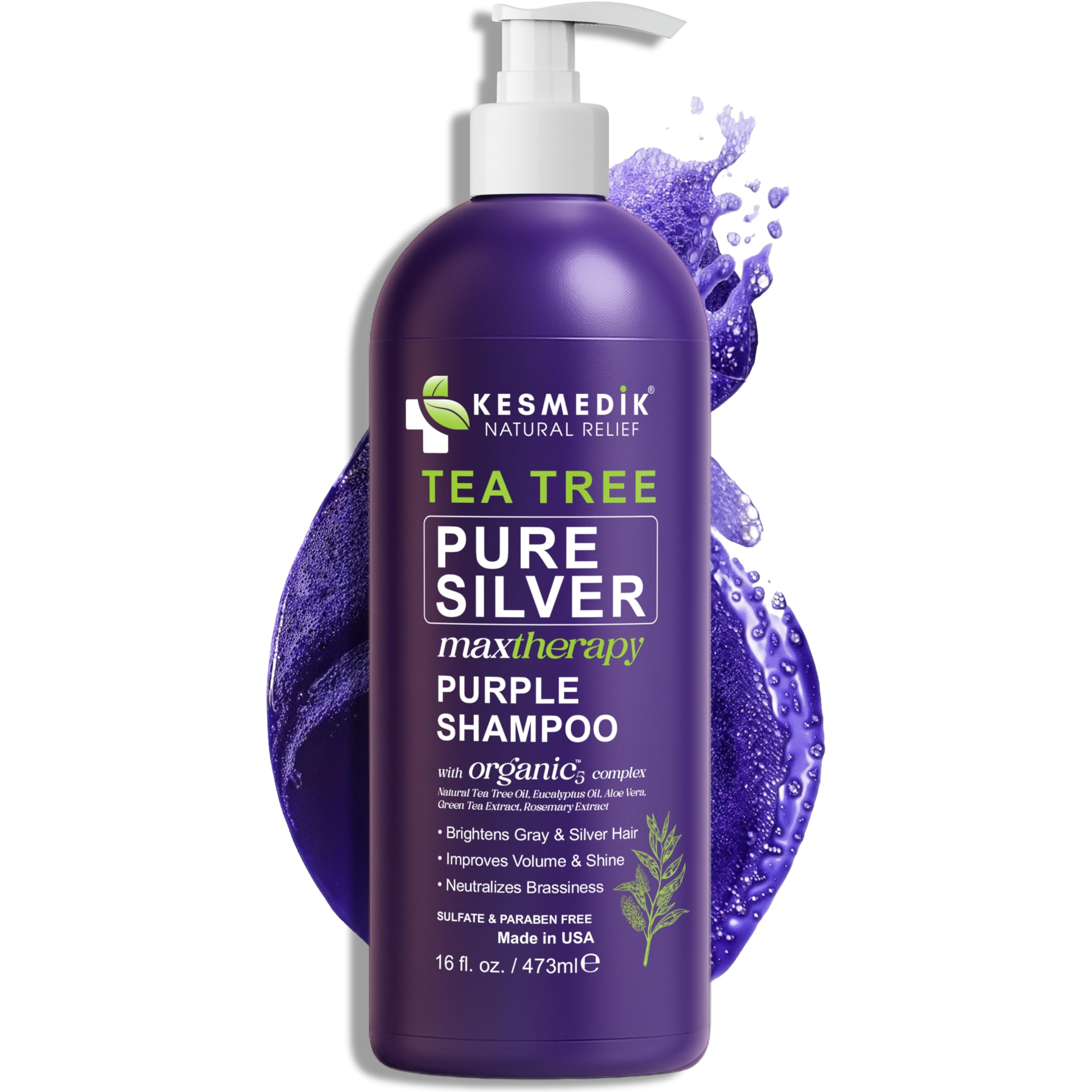 KESMEDIK Shampoing violet Tea Tree sur bouteille, neutralise les reflets jaunes.