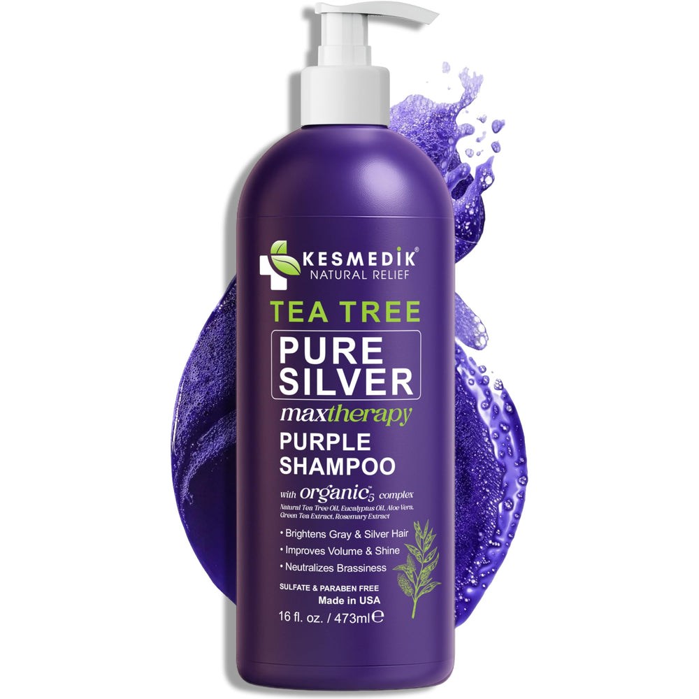 KESMEDIK Shampoing violet Tea Tree sur bouteille, neutralise les reflets jaunes.