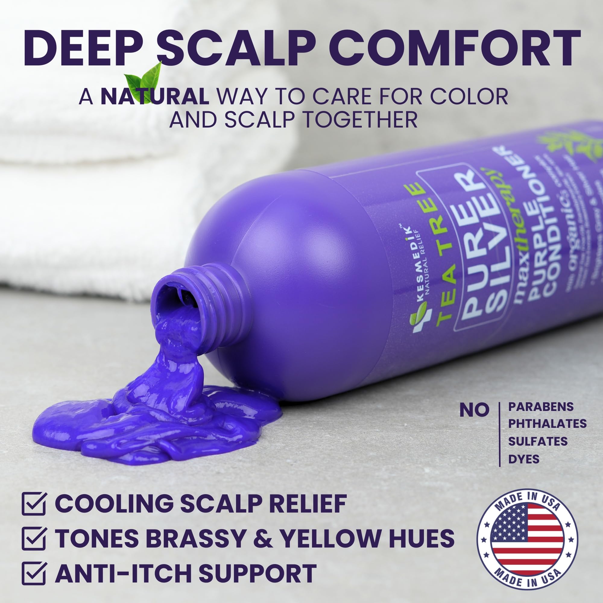 KESMEDIK Tea Tree Purple Conditioner, apres-decoloration: soin apaisant du cuir chevelu.