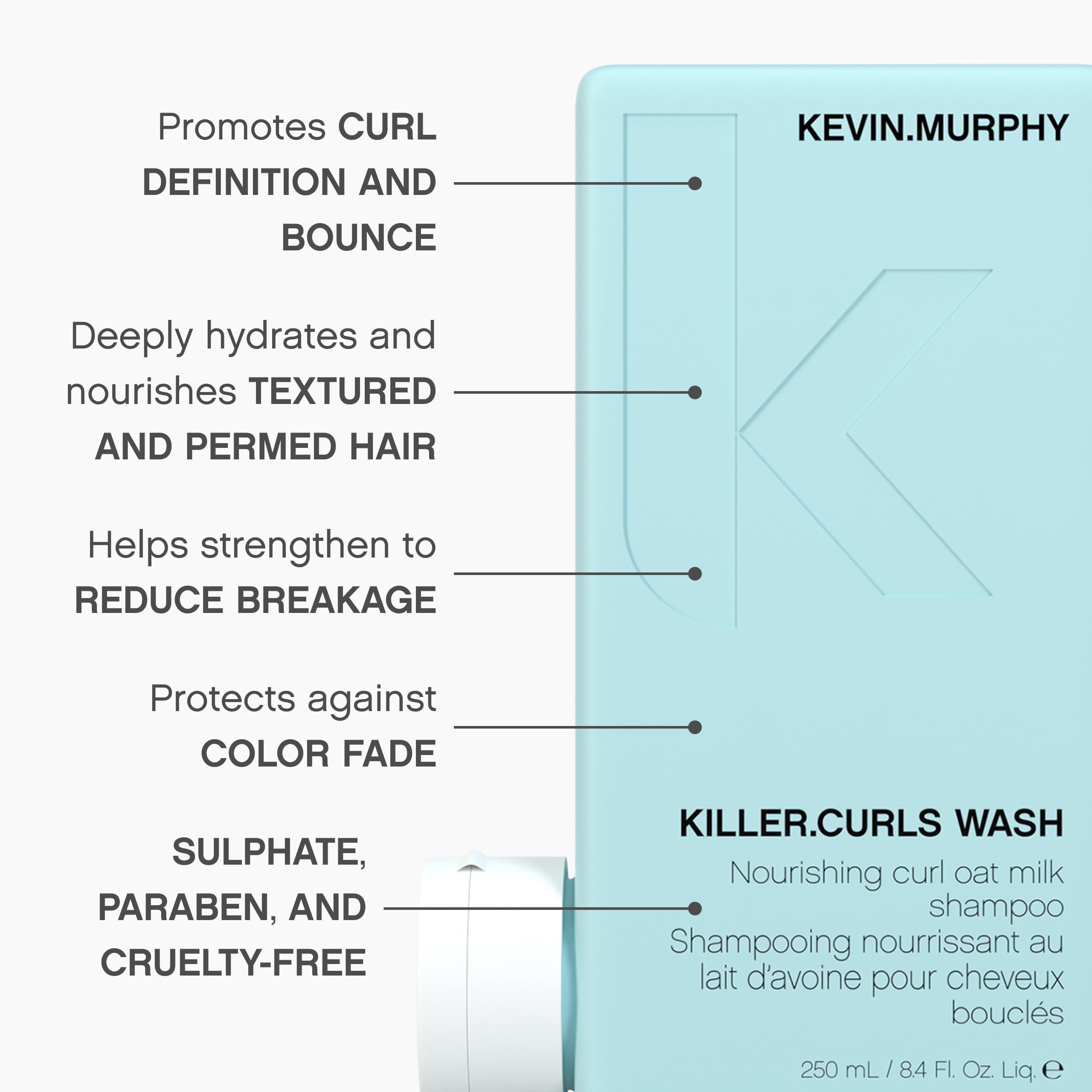 KEVIN.MURPHY KILLER.CURLS WASH – Ingrédients avoine et huile de soja nourrissent les boucles.