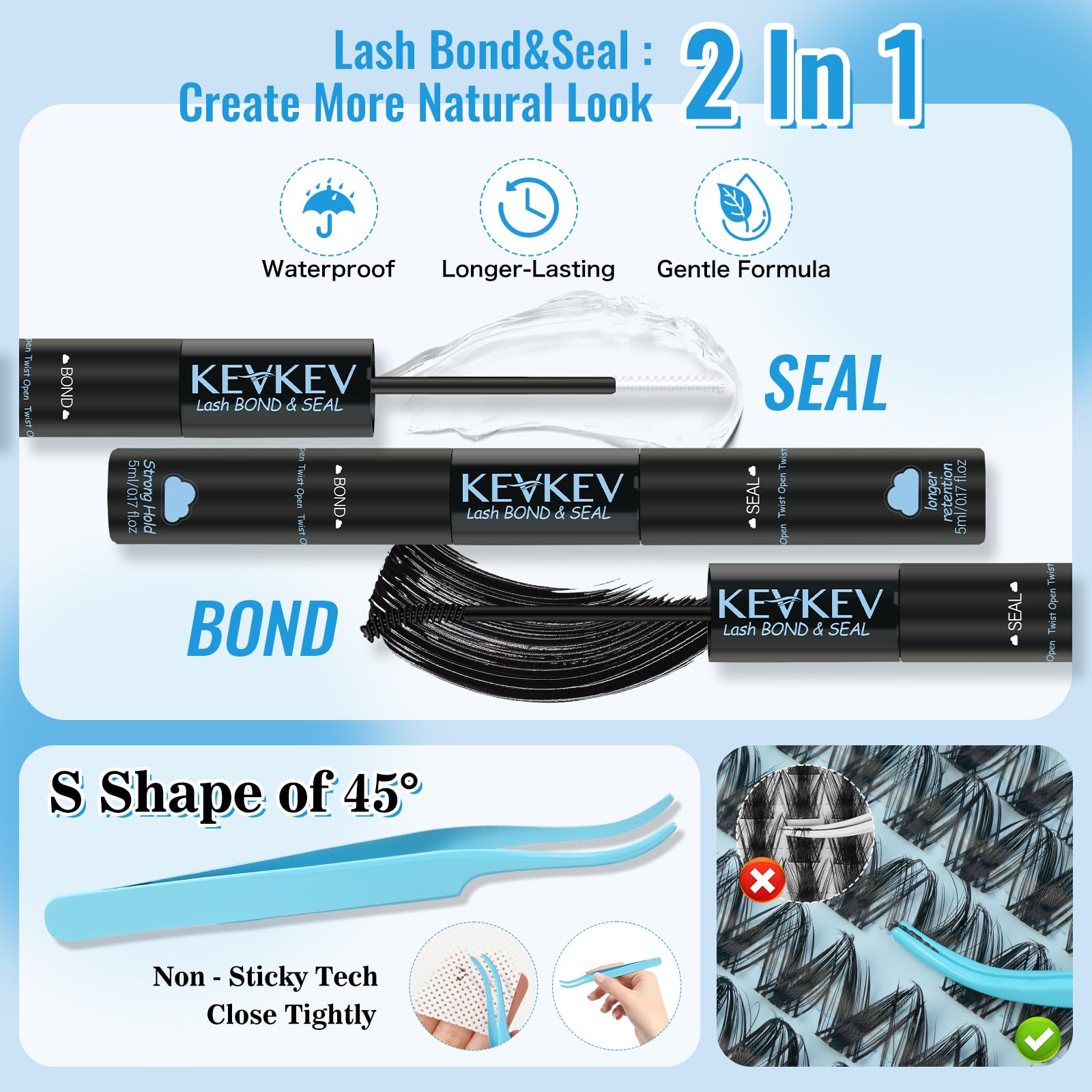 KevKev colle et scellant cils pour une tenue stable et confort.
