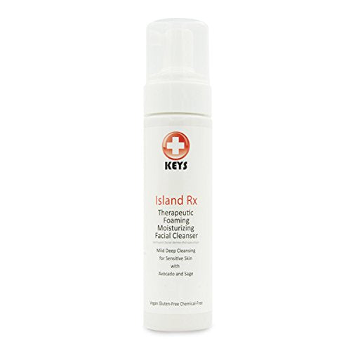 Bouteille pompe Keys Island Rx, nettoyant visage moussant pour peaux sensibles.
