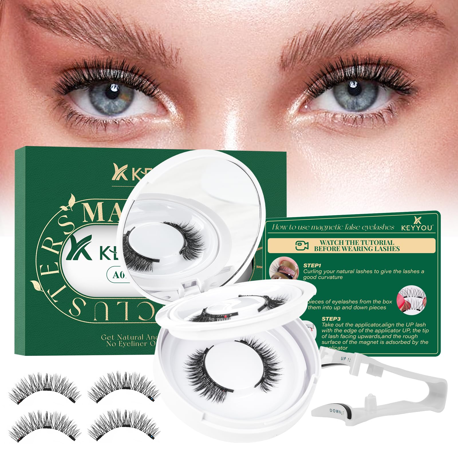 Ensemble KEYYOU de cils magnétiques avec applicateur et étui, pose rapide sans colle.
