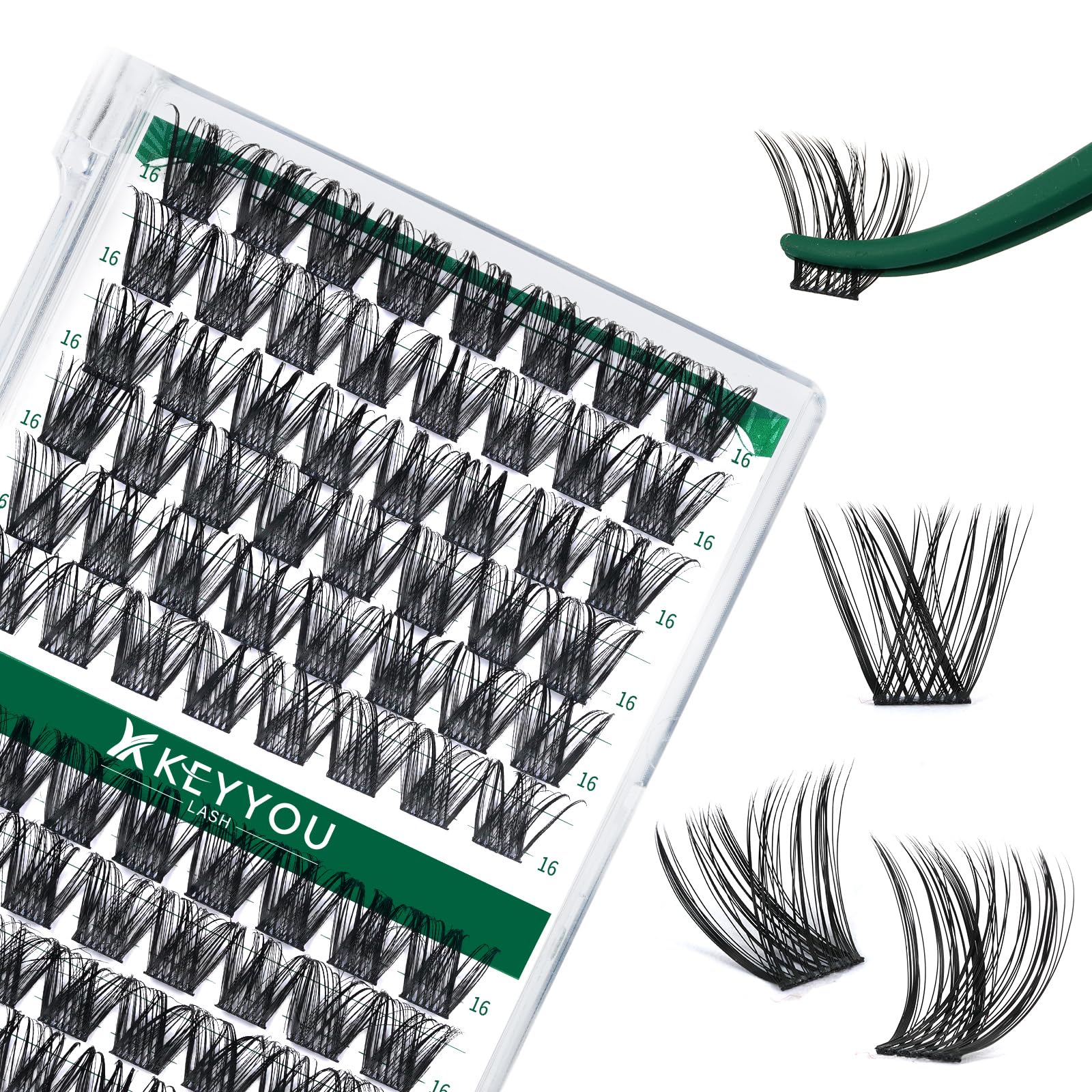 KEYYOU clusters cils 96pcs Y01 D Curl 16mm en gros plan, pose rapide