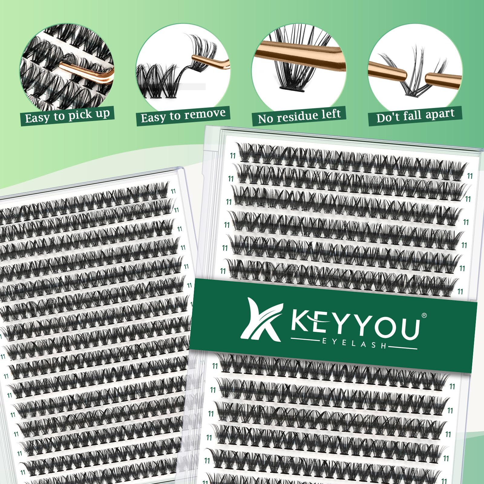 KEYYOU Lash Clusters 40D, 0,07C et 11mm, courbe durable et harmonieuse