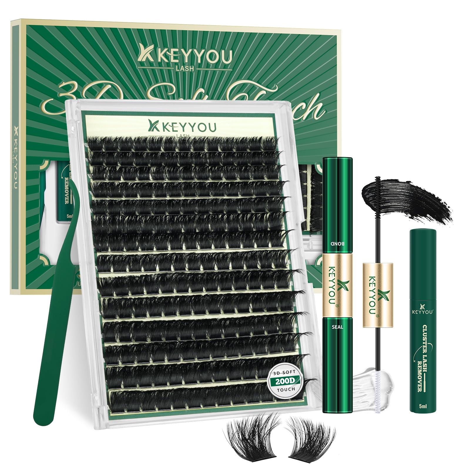 KEYYOU LASH ensemble de grappes cils 3D 200D pour un volume personnalisable.