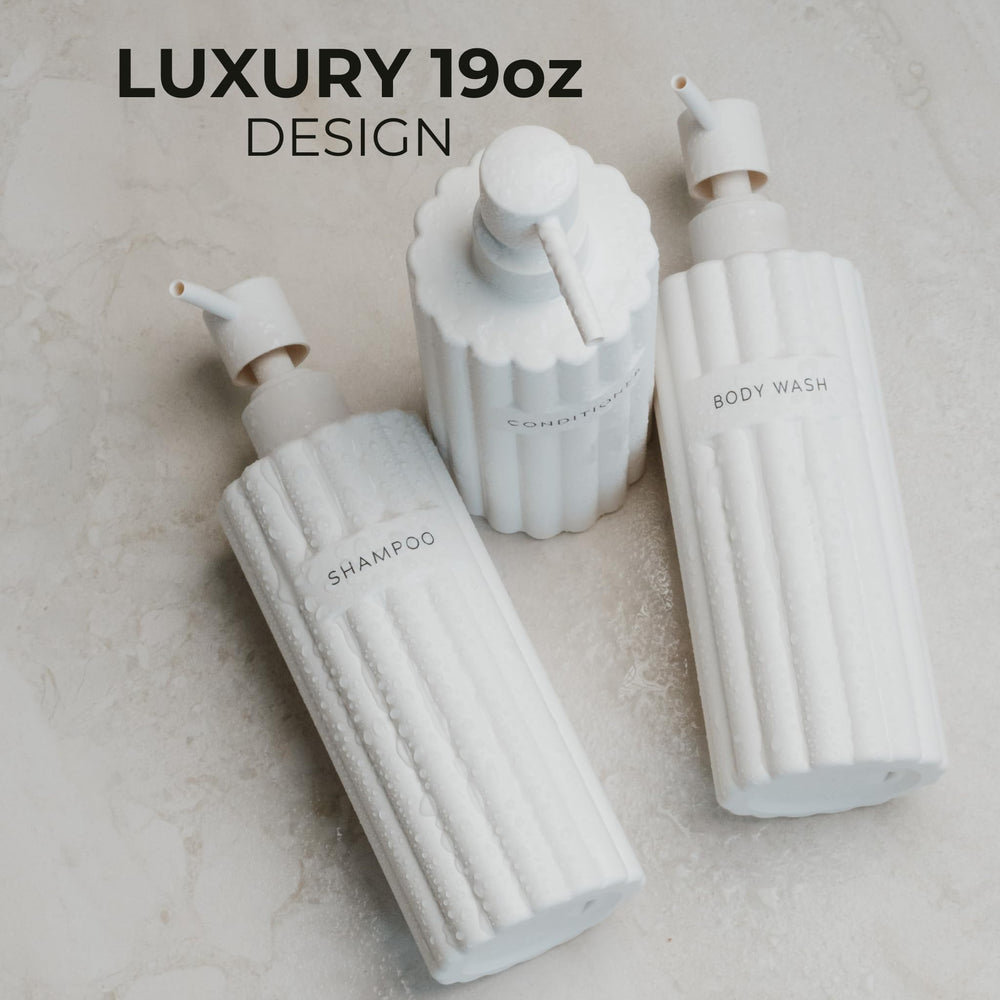 KIBAGA bouteilles-douche-ondulees, couleur beige et pompe fiable pour un remplissage fluide.