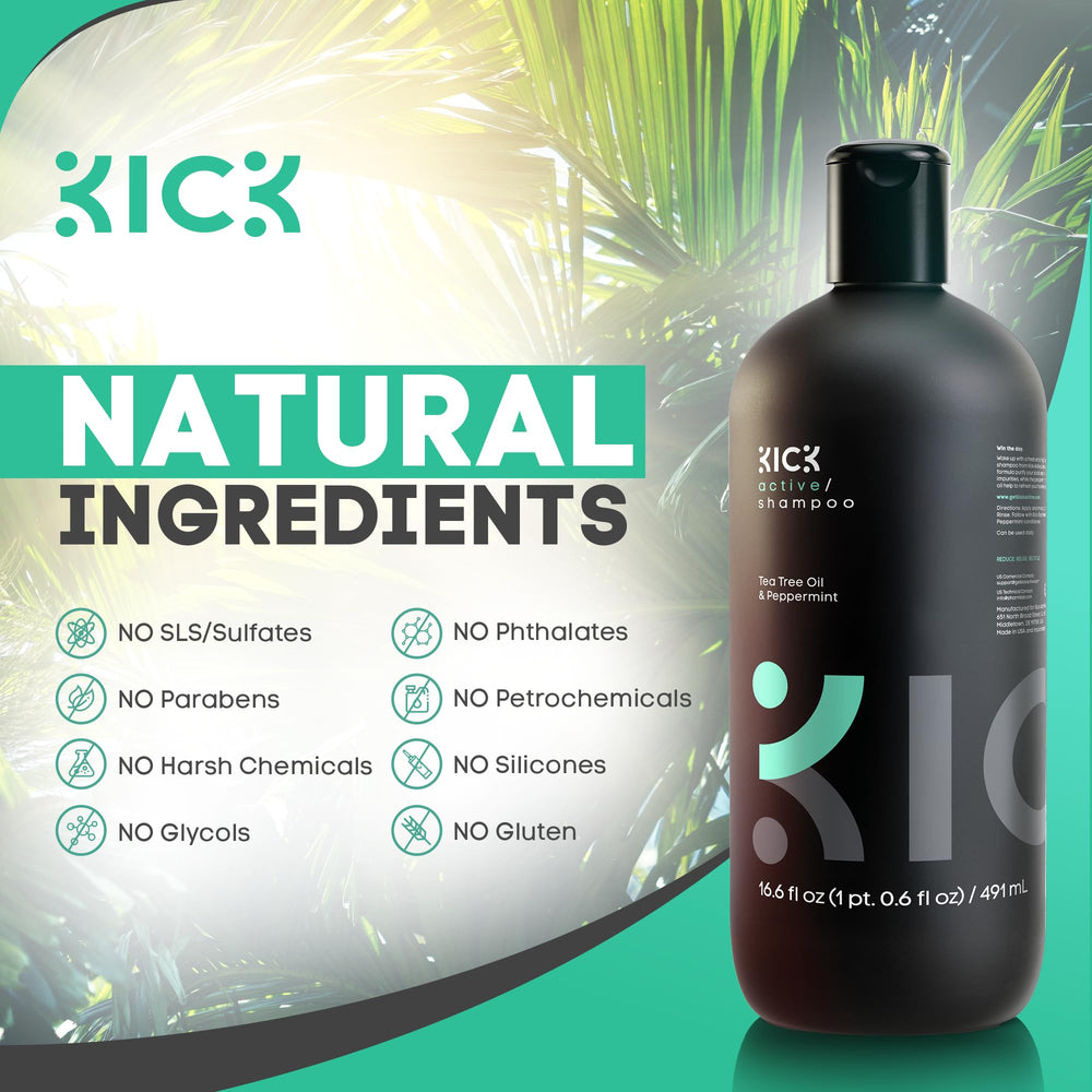 Kick Shampoing pour homme, extrait d'arbre à thé, action purifiante sur le cuir chevelu.
