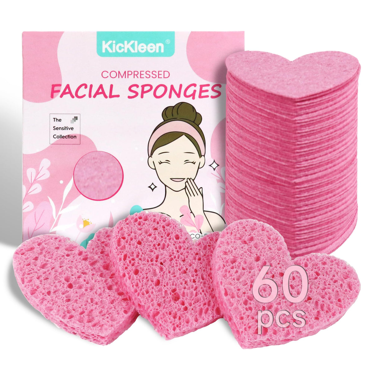 Kickleen éponges cœur cellulose rose pour nettoyage visage en douceur et exfoliation légère.