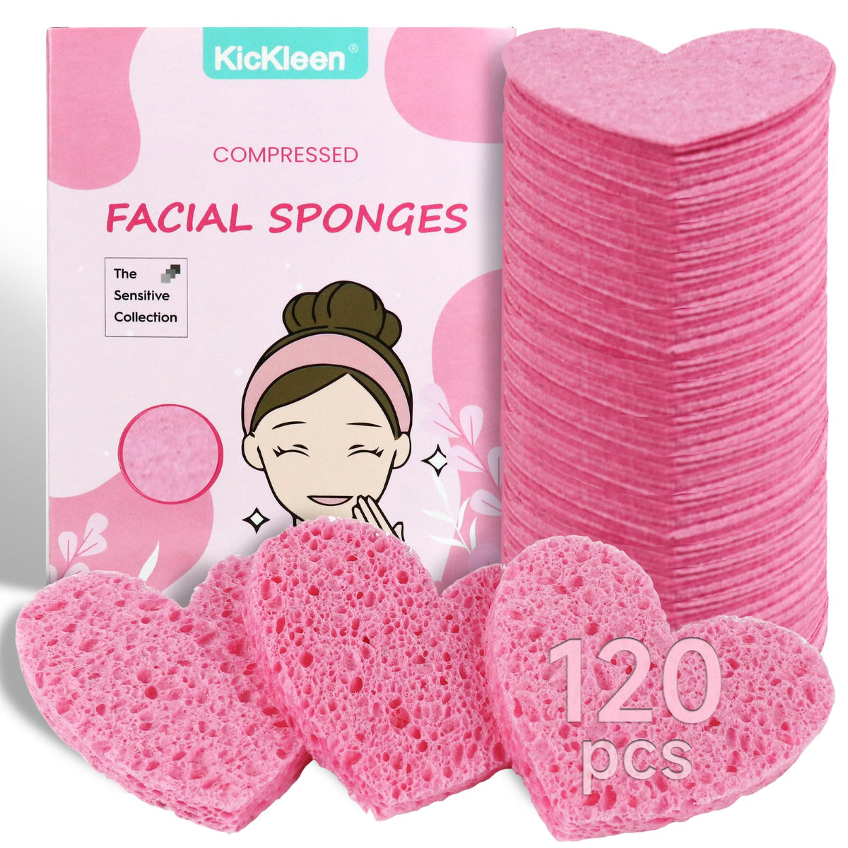 Éponge Kickleen en cœur rose pour un nettoyage en profondeur du visage.
