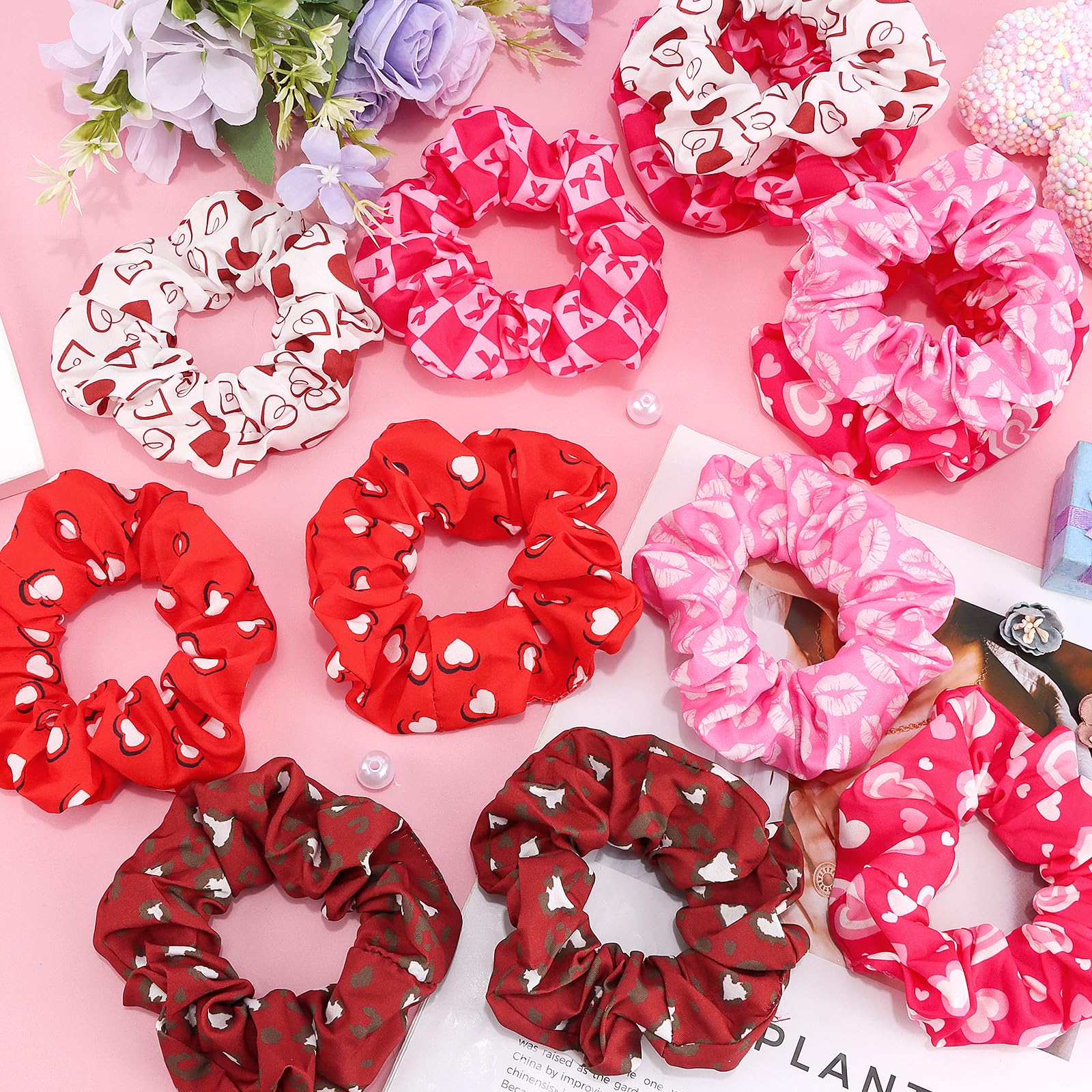KICOSY – Ensemble de 12 chouchous Saint‑Valentin avec cœurs rose et rouge | Accessoires cheveux