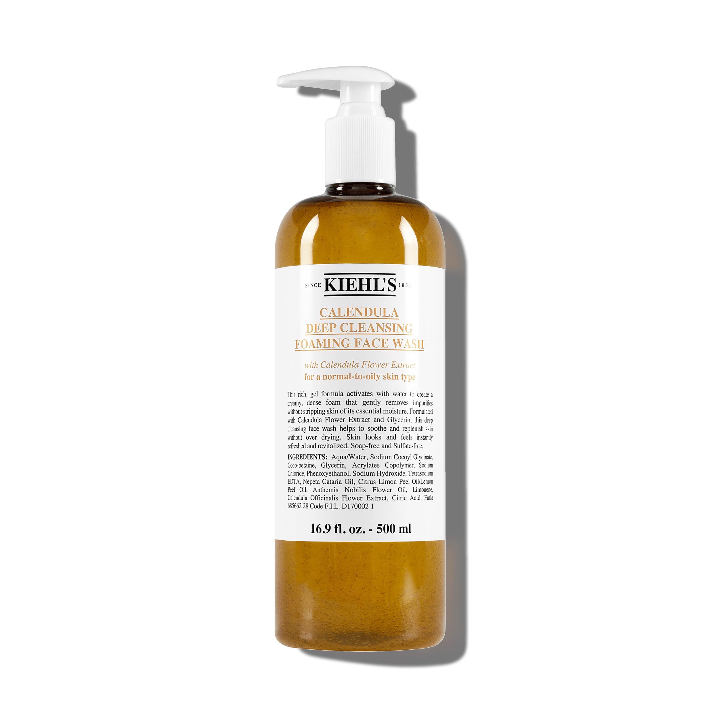 Kiehl's Calendula: bouteille pompe visible, nettoyage ciblé pour peau équilibrée et rafraîchie.