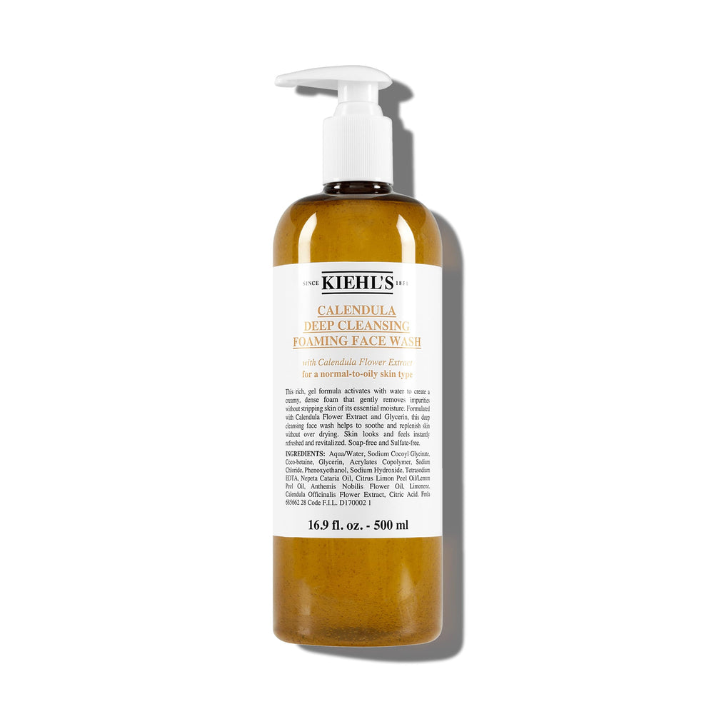 Kiehl's Calendula: bouteille pompe visible, nettoyage ciblé pour peau équilibrée et rafraîchie.