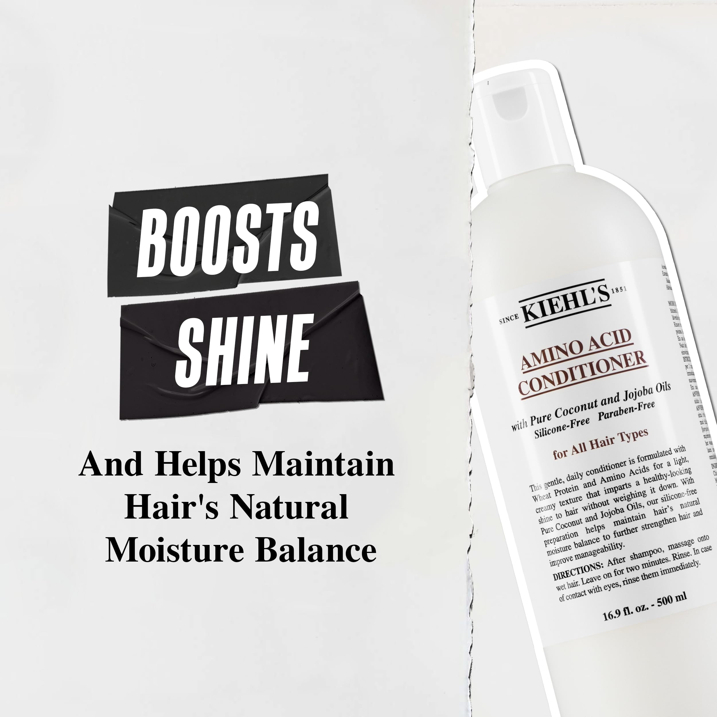 Kiehl's Amino Acid Conditioner sur cheveux humides après-shampoing, rinçage efficace.