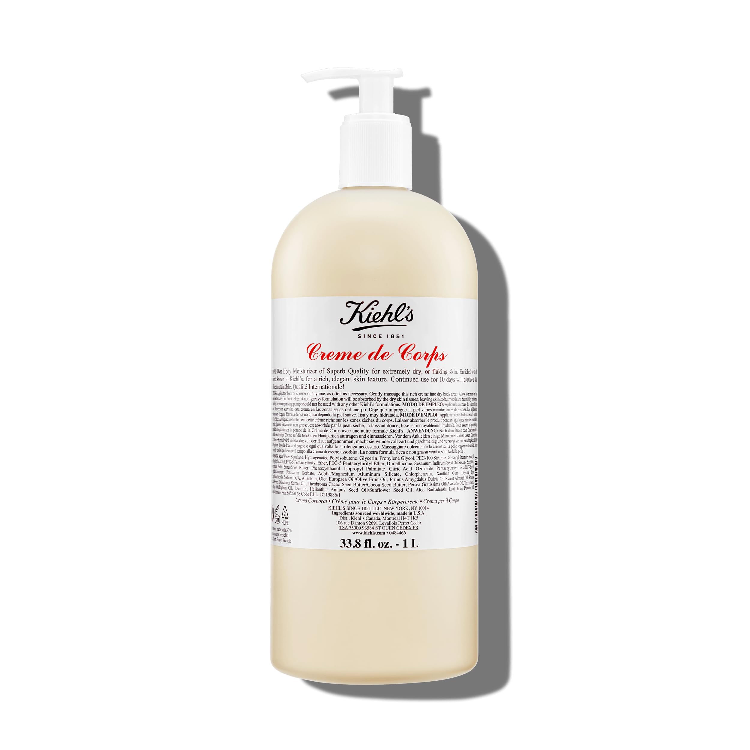 Kiehl's Crème de Corps Rich, bouteille pompe, hydratation rapide et pratique au quotidien.