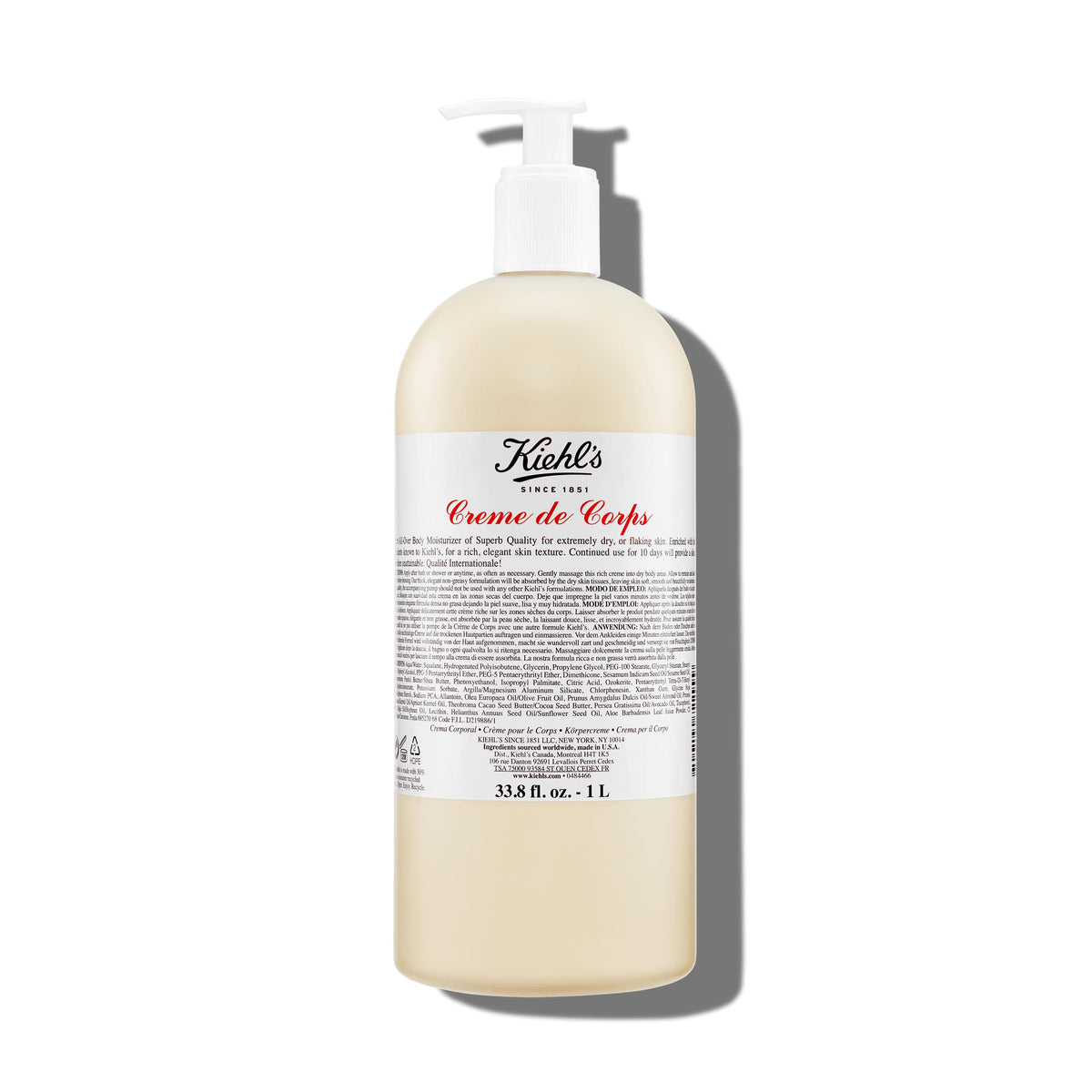 Kiehl's Crème de Corps Rich, bouteille pompe, hydratation rapide et pratique au quotidien.