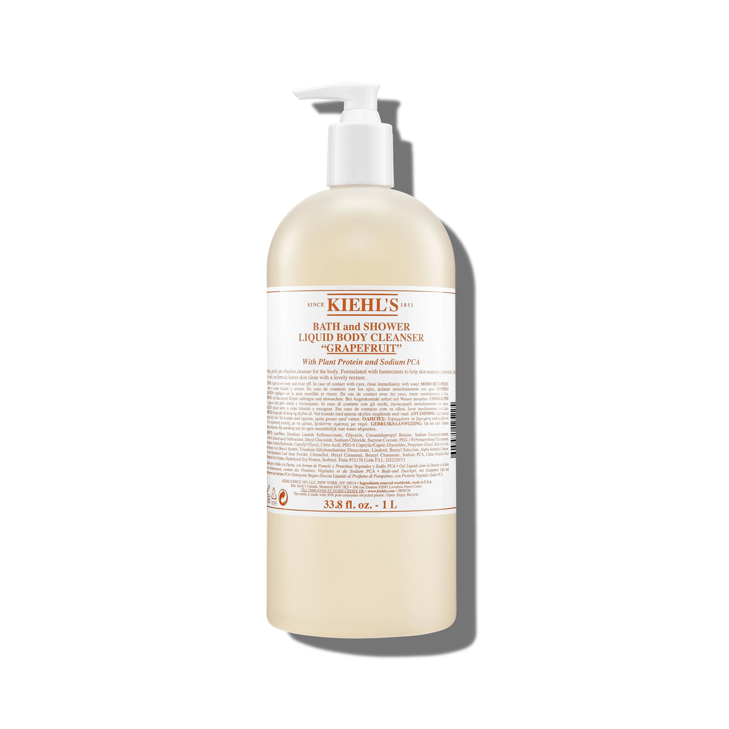 Kiehl's nettoyant corporel liquide pamplemousse en flacon pompe, expérience fraîche et aromatique.