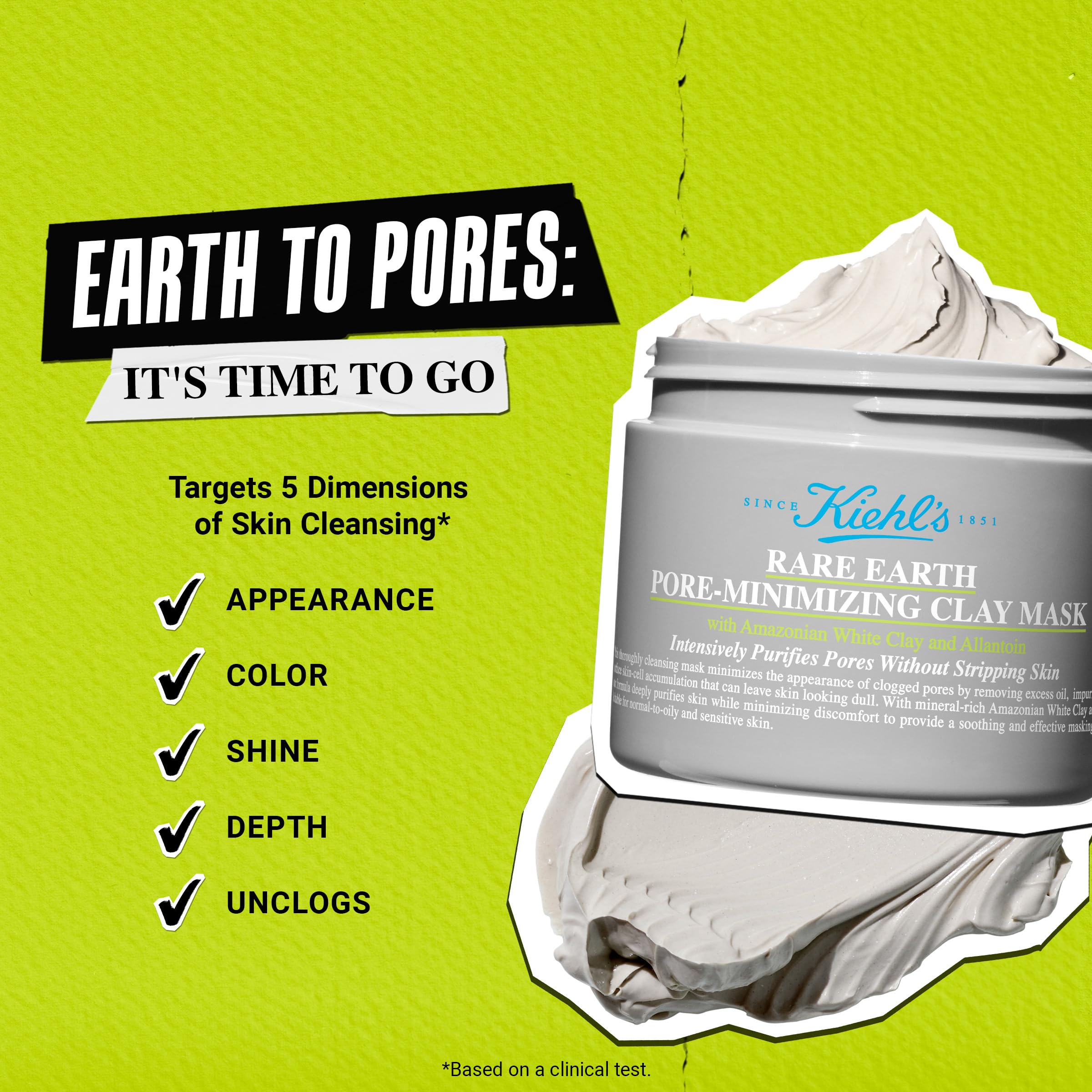 Kiehl's Rare Earth Masque: aspect visuel d'argile amazonienne pour peau plus nette.
