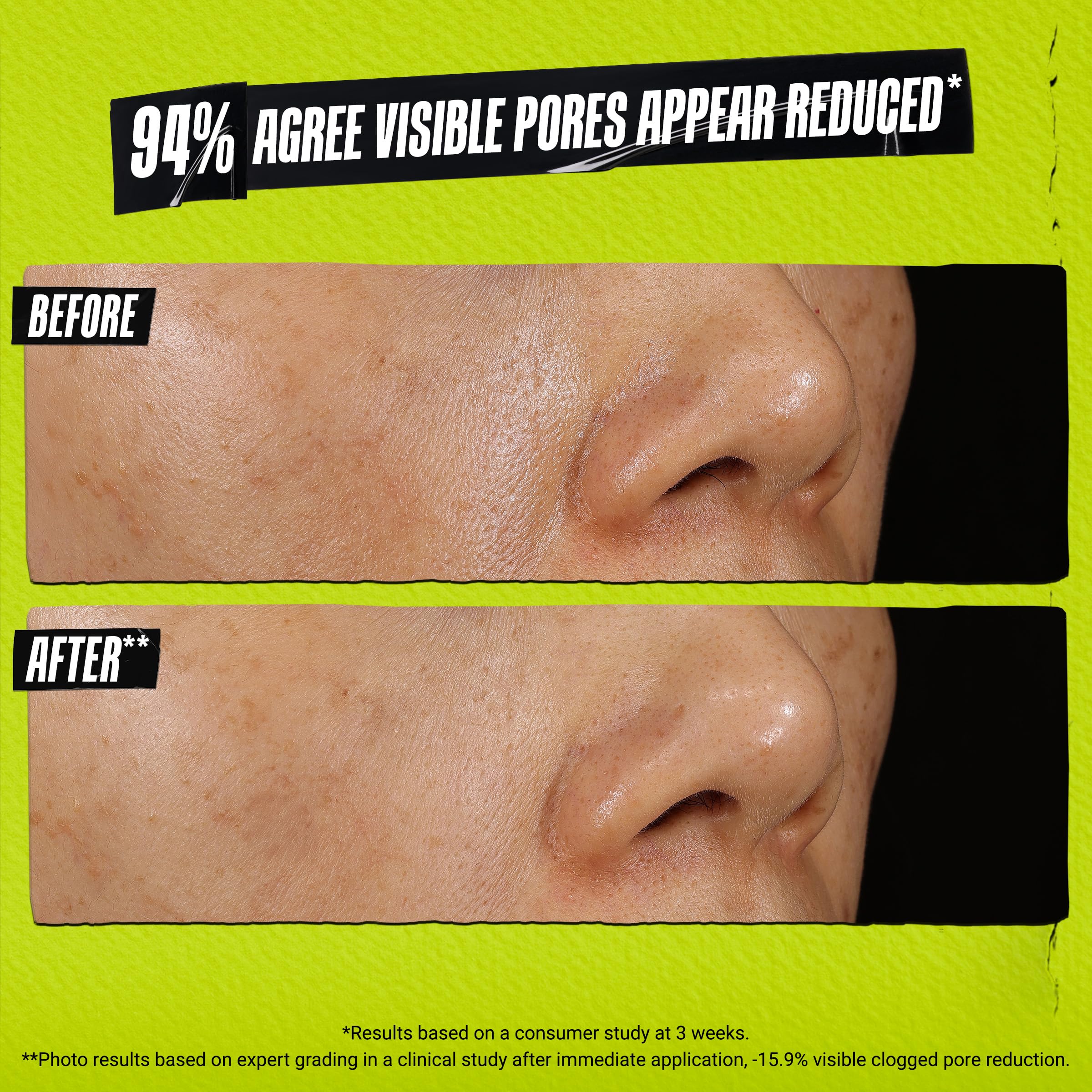 Kiehl's Rare Earth Masque: avant/après suggéré pour pores visiblement réduits.